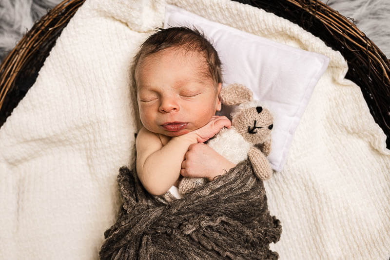 newborn baby holding animal plushie